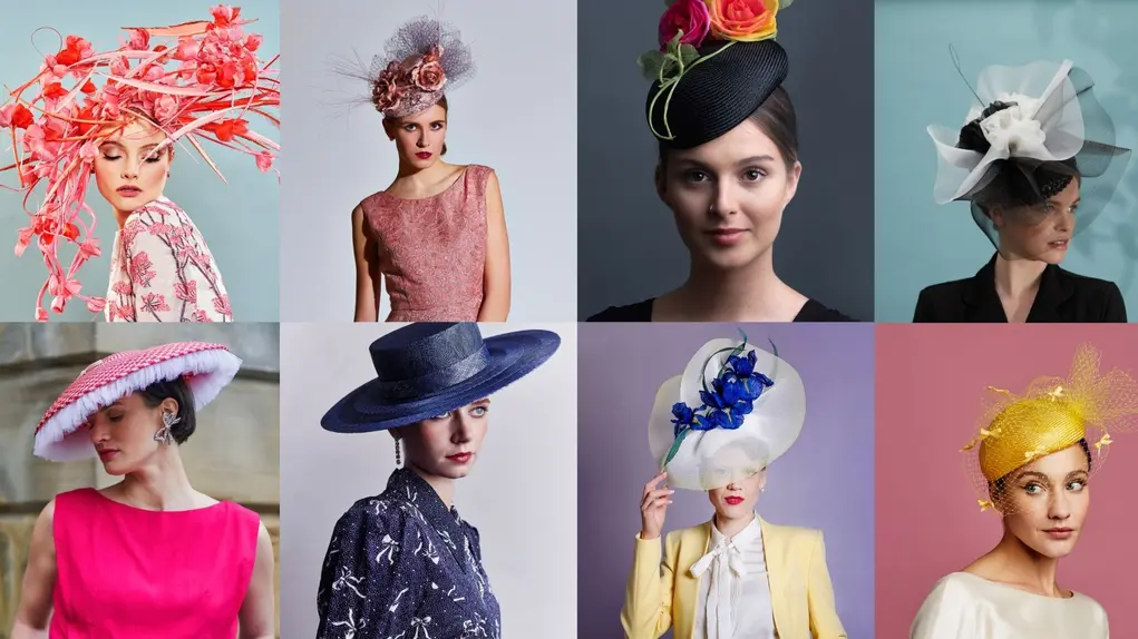 Images of eight women in colourful and huge hats 