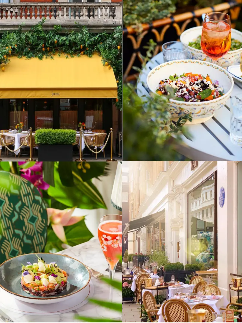 Eight photos showing alfresco dining and food 